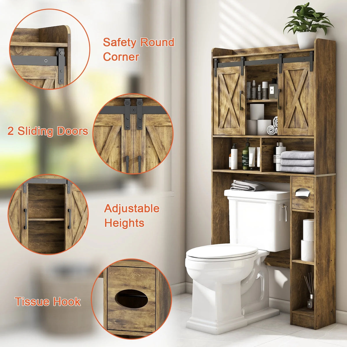 Over The Toilet Storage Cabinet, Farmhouse Storage Cabinet Over Toilet with Sliding Doors Home Space-Saving Toilet Rack, for Bathroom, Restroom, Laundry