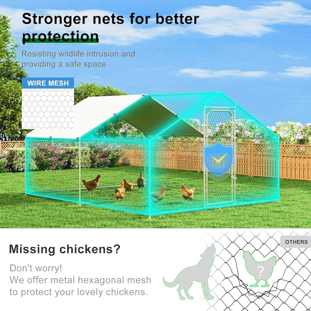 Large Metal Chicken Coop Walk-in Poultry Cage with Waterproof and UV-Resistant Cover Outdoor Chicken Run Hen Rabbit Duck House for Backyard Farm Use Spire Roof(10 W x 4.9 L x 6.4 H)