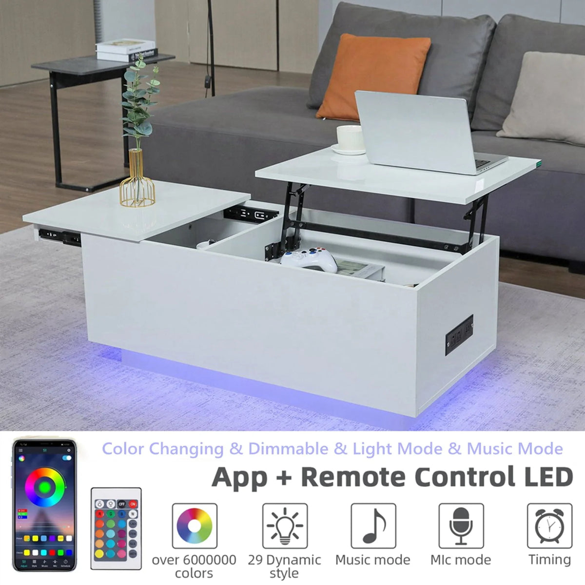 LED Coffee Table Lift Top End Table with with Charging Station and Storage Space Modern Rectangle Cocktail Tables Sofa Side Dining Table
