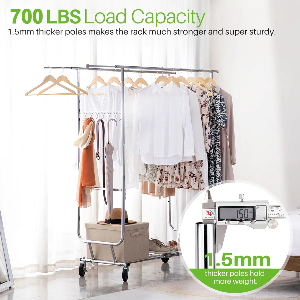 HOKEEPER 700 lbs Commercial Grade Heavy Duty Garment Rack with Shelves Collapsible Clothing Racks on Wheels Rolling Clothes Rack for Hanging Clothes Portable Adjustable, Chrome Finish