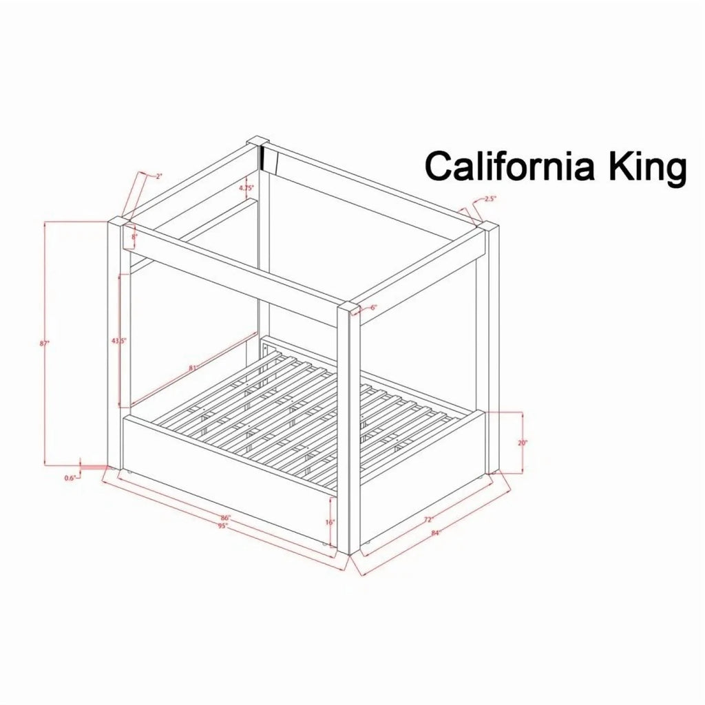 Modern Black Upholstered Canopy Bed California King Size Platform Bed, Bedroom Furniture Wooden Bed