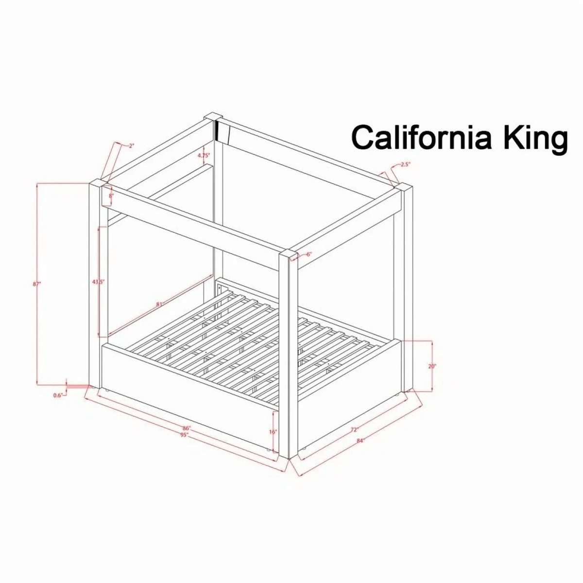 Modern Black Upholstered Canopy Bed California King Size Platform Bed, Bedroom Furniture Wooden Bed