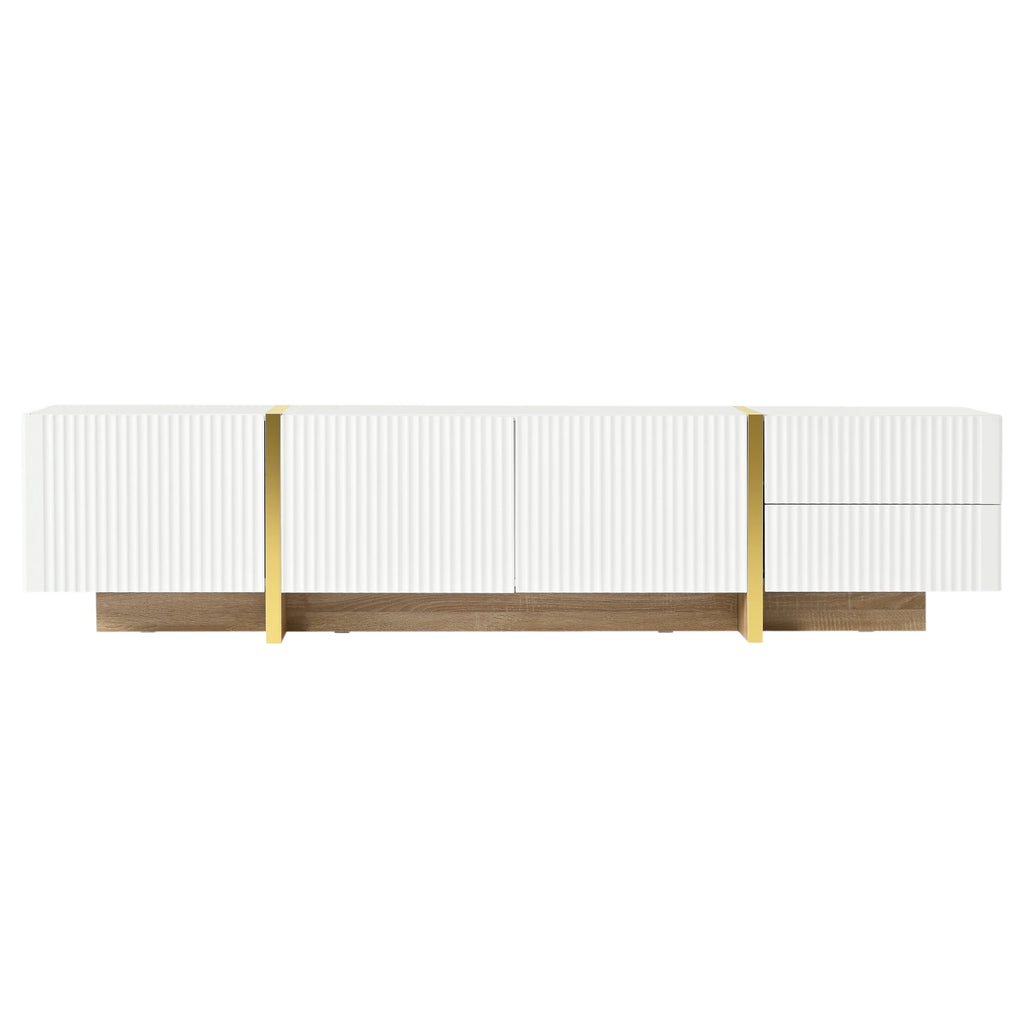 Luxury Fluted TV Stand for TVs Up to 80'', Modern Entertainment Center with Storage Cabinets & Drawers, Smooth Media Console with lden Wood Grain Legs for Living Room, White