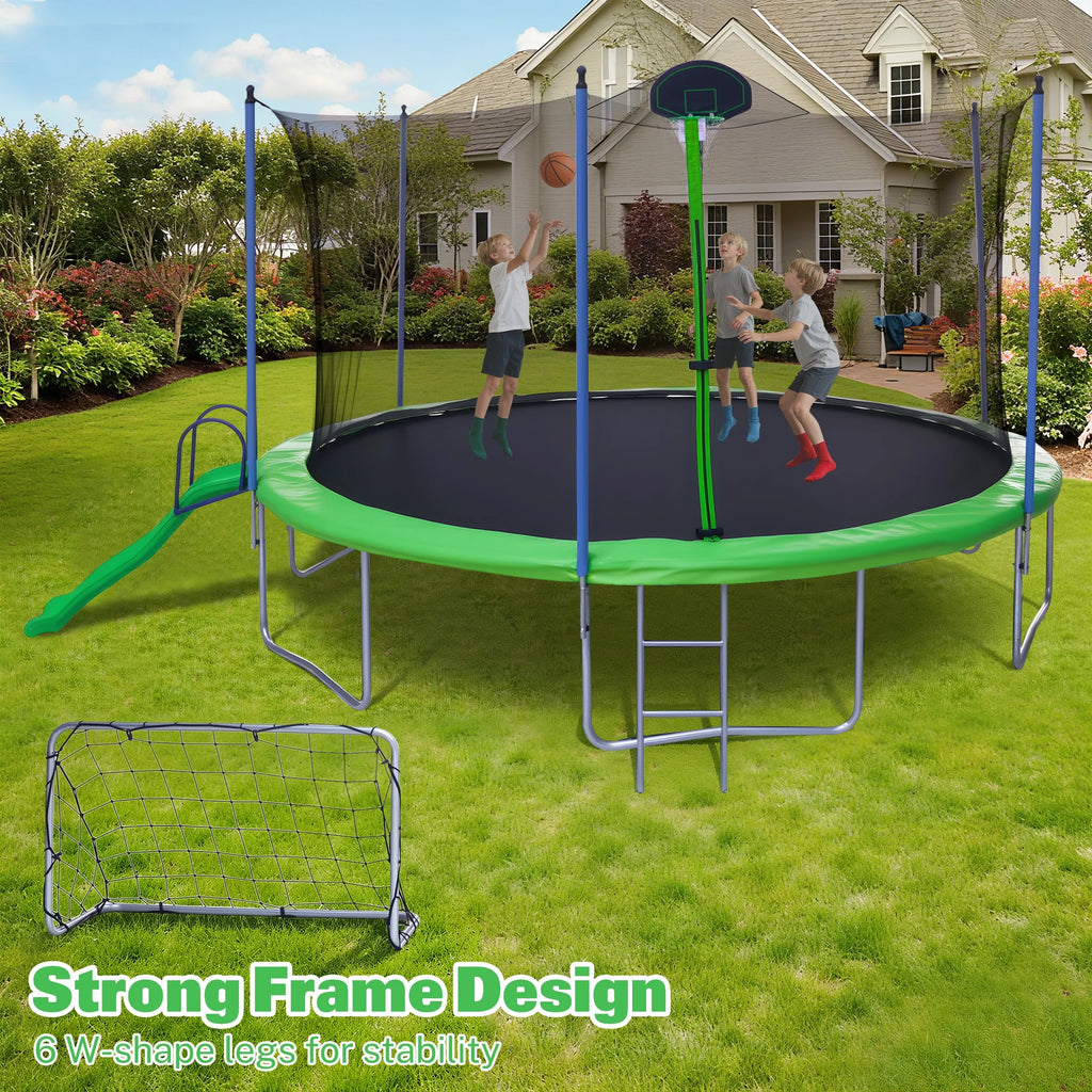 12FT Trampoline with Slide, Swings, SEGMART Recreational Trampoline with Basketball Hoop and Ladder, Heavy Duty Outdoor Backyard Trampoline with Net for Kids and Adults, Green