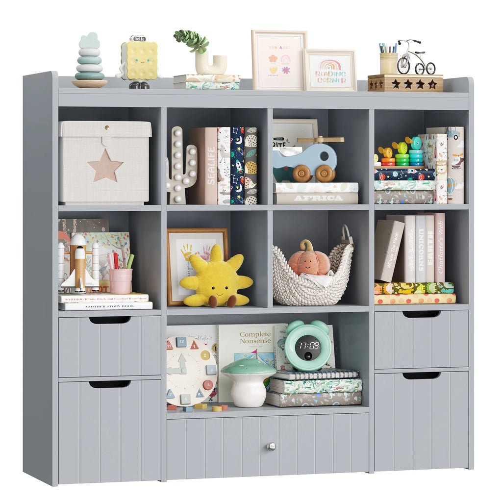 Homfa Kids Toy Storage Organizer with Cubby, Kids Toy Storage Chest with Removable Drawers, Kids Bookcase for Playroom Bedroom Living Room, Gray