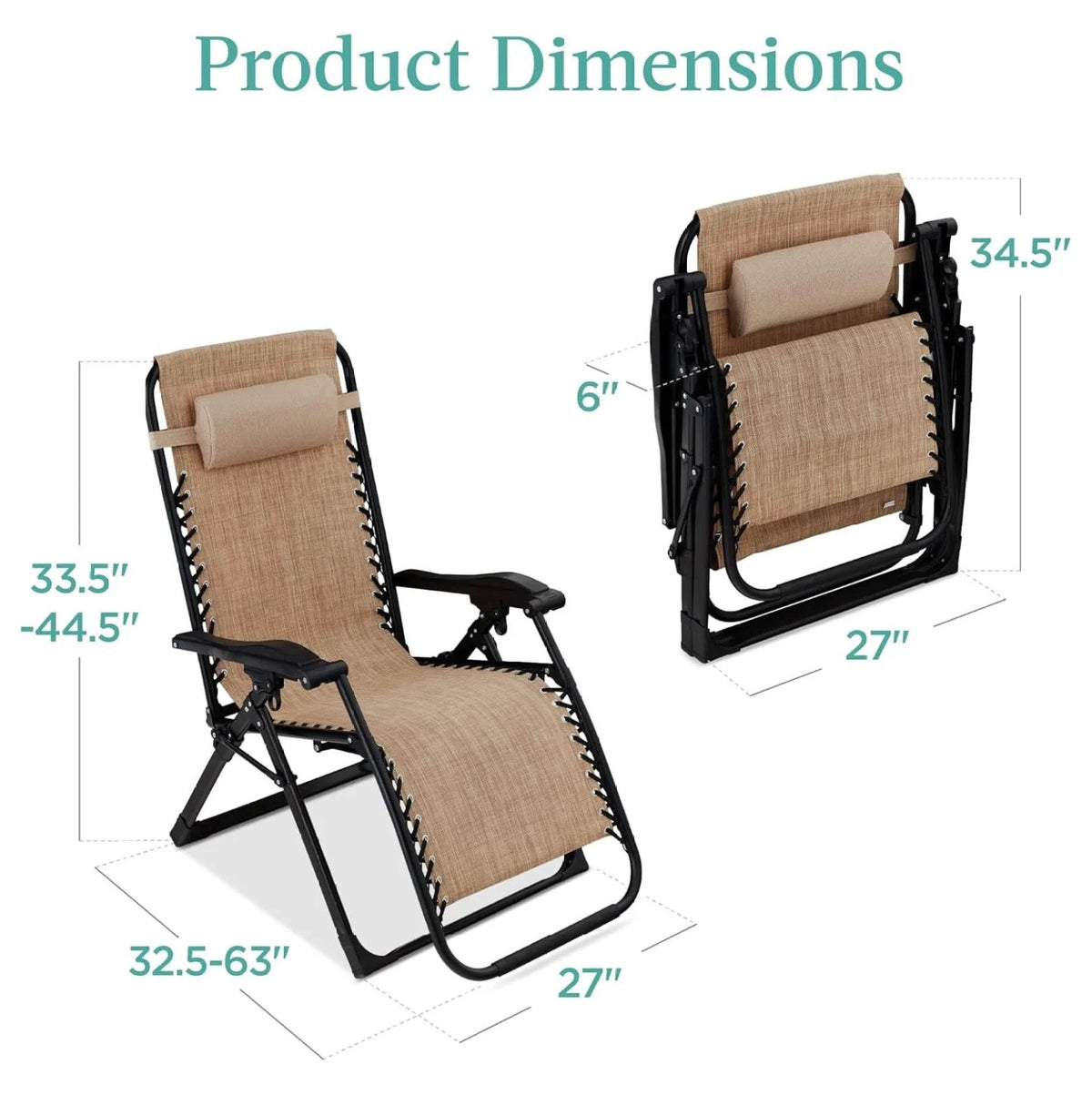 Oversized Chair, Folding Outdoor Patio Recliner, XL Anti Gravity Lounger w/Removable Cushion, Cup Holder, Side Tray, 350lb Capacity - Taupe