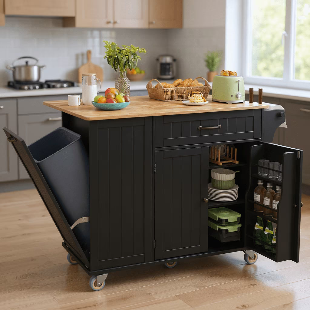 Noelse Rolling Kitchen Island with Drop Leaf Table and Hidden Trash Cabinet, Mobile Kitchen Cart with Storage Drawer, Adjustable Shelves & Rubberwood Countertop on Wheels, White