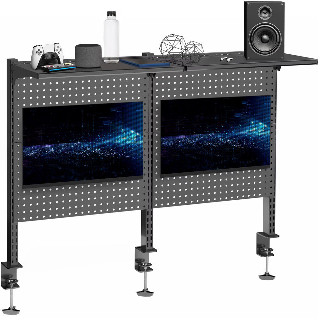 VIVO Black Steel Clamp-on 47" Pegboard with Monitor Mounts & Overhead Shelf