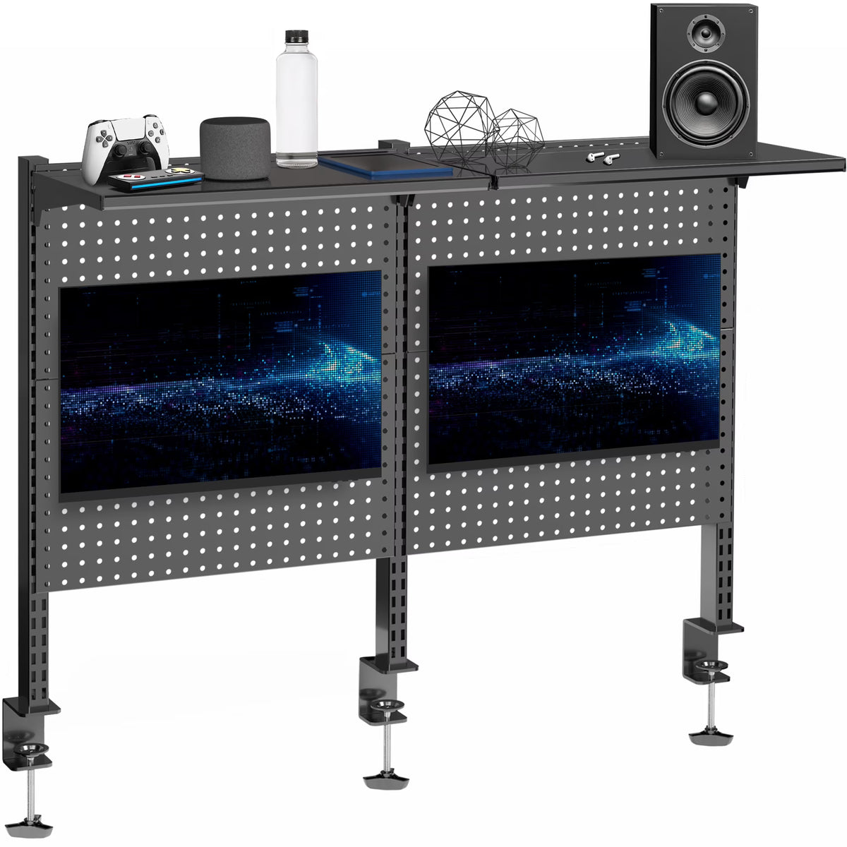 VIVO Black Steel Clamp-on 47" Pegboard with Monitor Mounts & Overhead Shelf