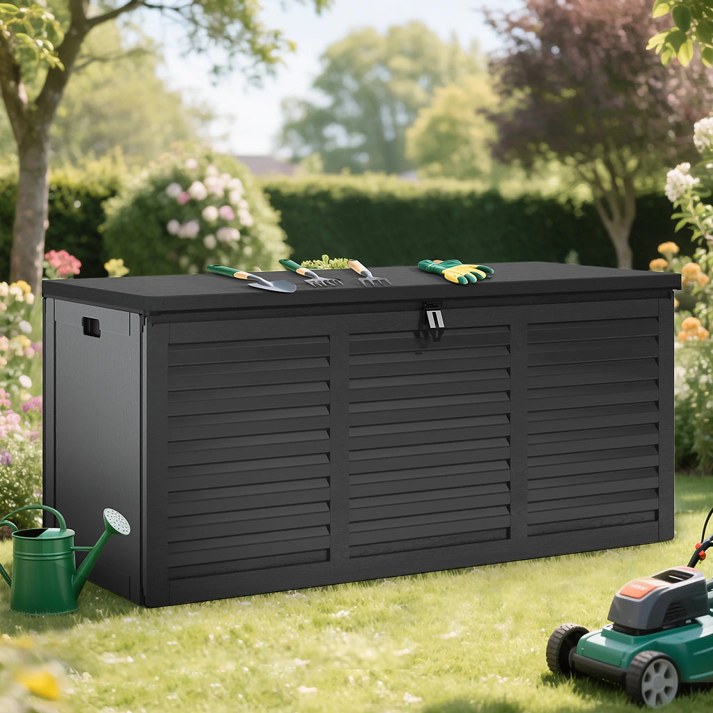 130 Gallon Resin Deck Box, Outdoor Lockable Storage Container for Patio Cushions, Garden Tools, Pool Supplies, Toys, Waterproof and UV Resistant, Reinforced Rib Design, Gray