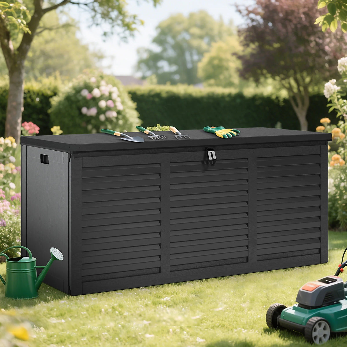 130 Gallon Resin Deck Box, Outdoor Lockable Storage Container for Patio Cushions, Garden Tools, Pool Supplies, Toys, Waterproof and UV Resistant, Reinforced Rib Design, Gray
