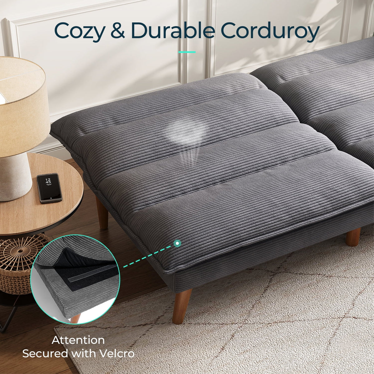 Linsy Home 71" W Corduroy Convertible Futon Sofa Bed, Army Green