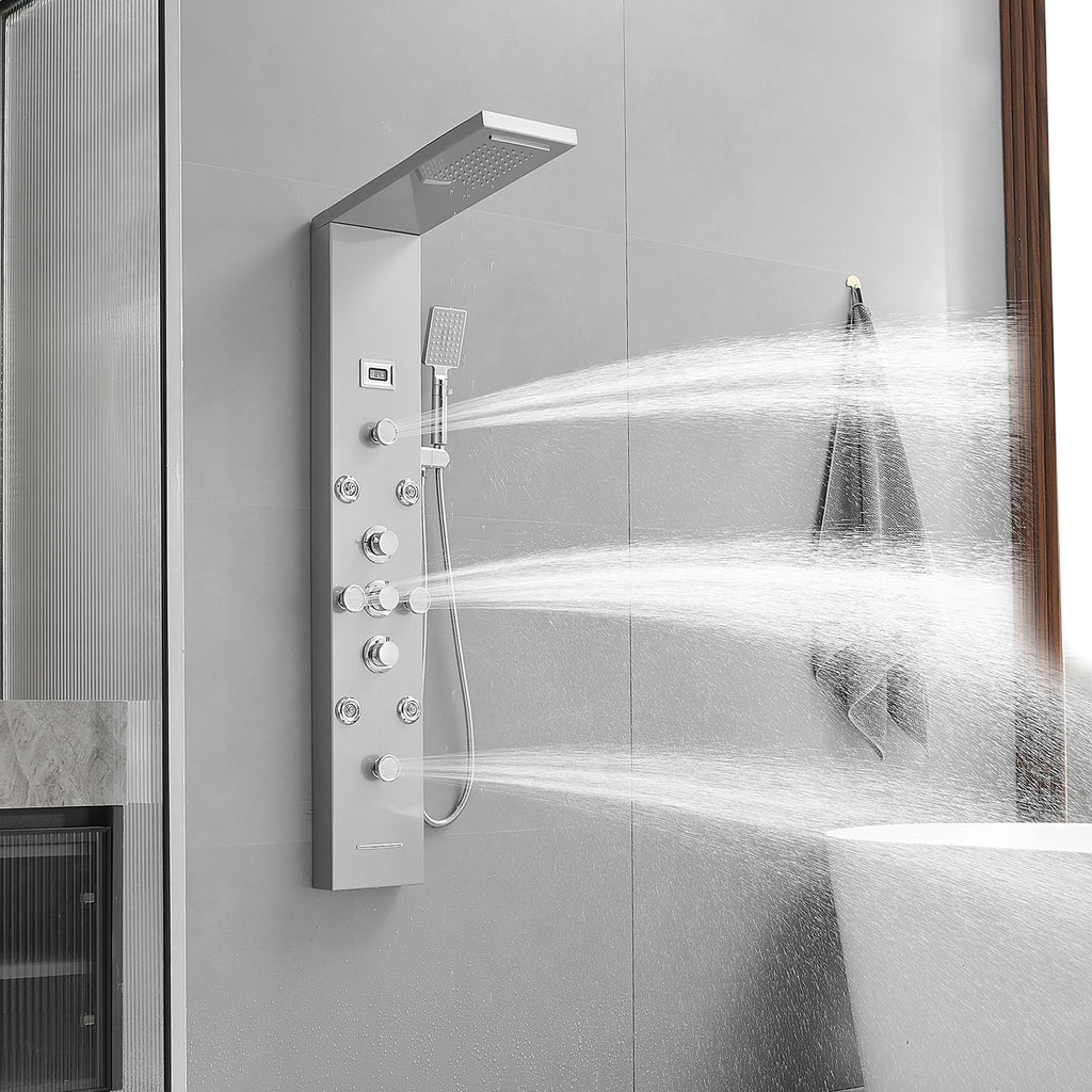 8-Jet Rainfall Shower Panel System with Rainfall Waterfall Shower Head and Shower Wand in chrome Nickel