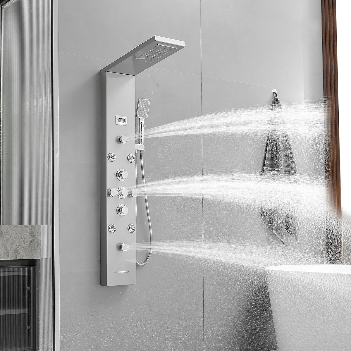 8-Jet Rainfall Shower Panel System with Rainfall Waterfall Shower Head and Shower Wand in chrome Nickel