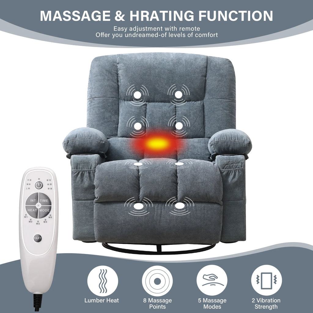 JONPONY Manual Recliner Chair with Heat Therapy and Massage Function, Heavy Duty Reclining Mechanism Massage Chair, Elderly Single Rocker Sofa with Cup Holders for Bedroom Home Theater,Blue
