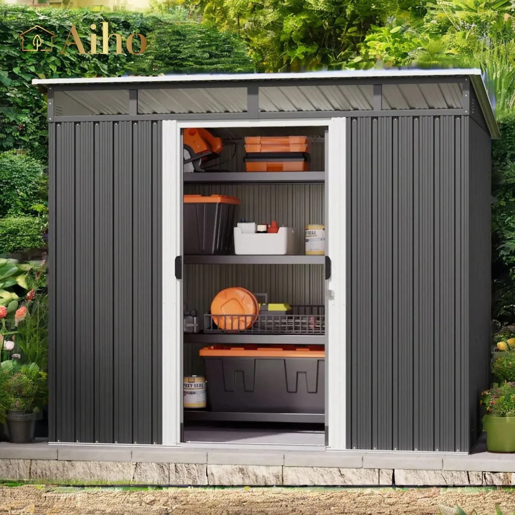 Aiho 8x6 FT Metal Storage Shed, Sheds & Outdoor Storage with Sliding Doors, Galvanized Steel Garden Shed for Bike Storage, Tool Storag - Gray