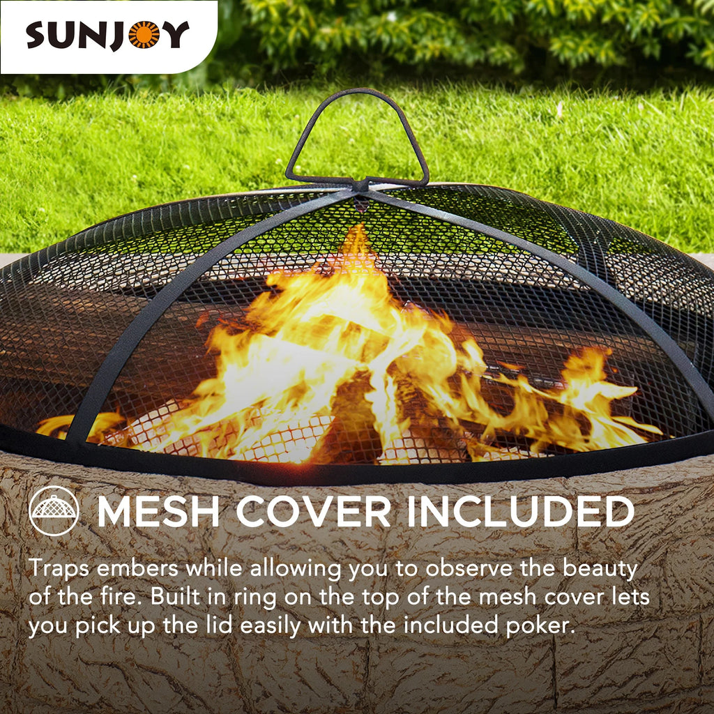 Sunjoy Stone Fire Pit 26 Inch, Outdoor Round Wood Burning Fire Pits with Spark Screen and Poker  Grey