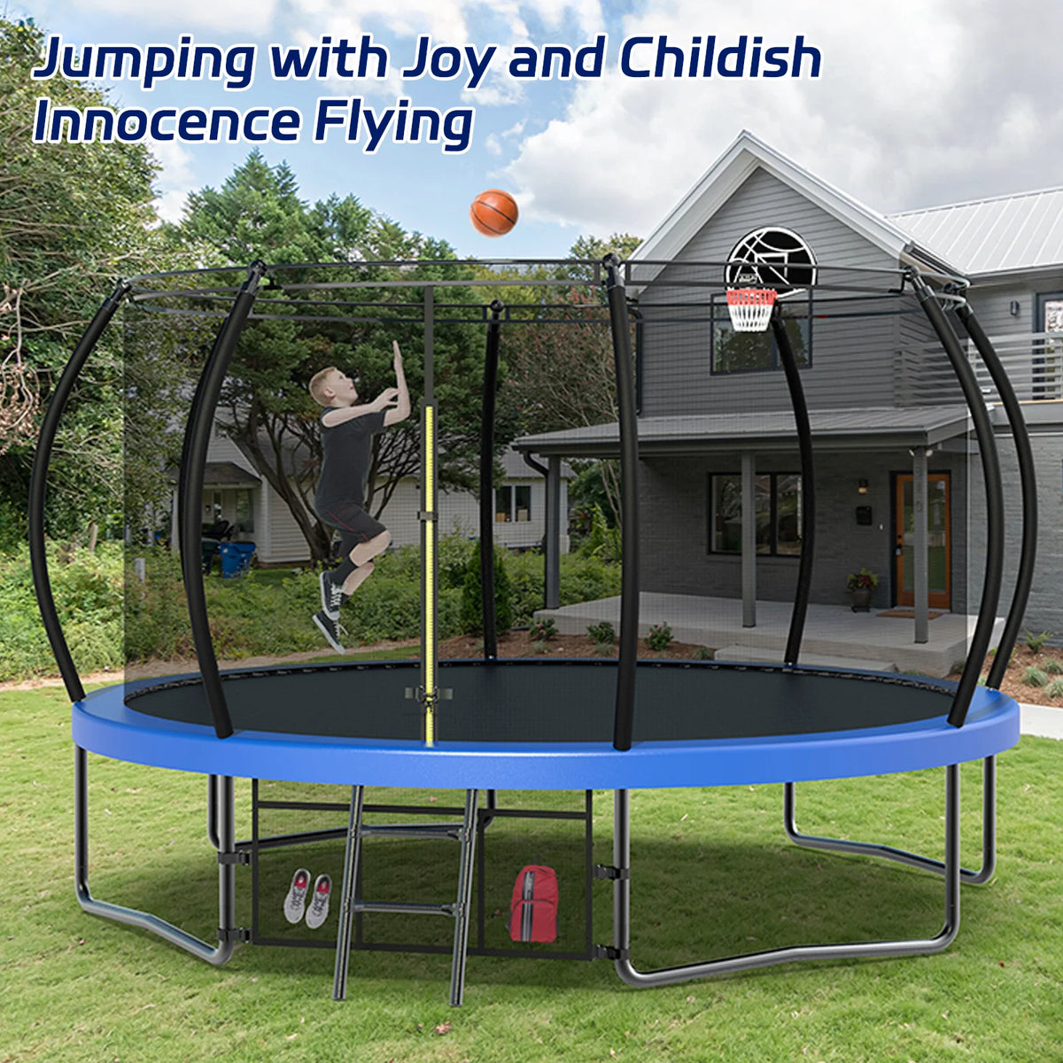 Netrum 10ft Kids Trampoline with Basketball Hoop, Outdoor Trampolines with Enclosure Net,Ladder, 880Lbs Trampoline for 4 Kids Green