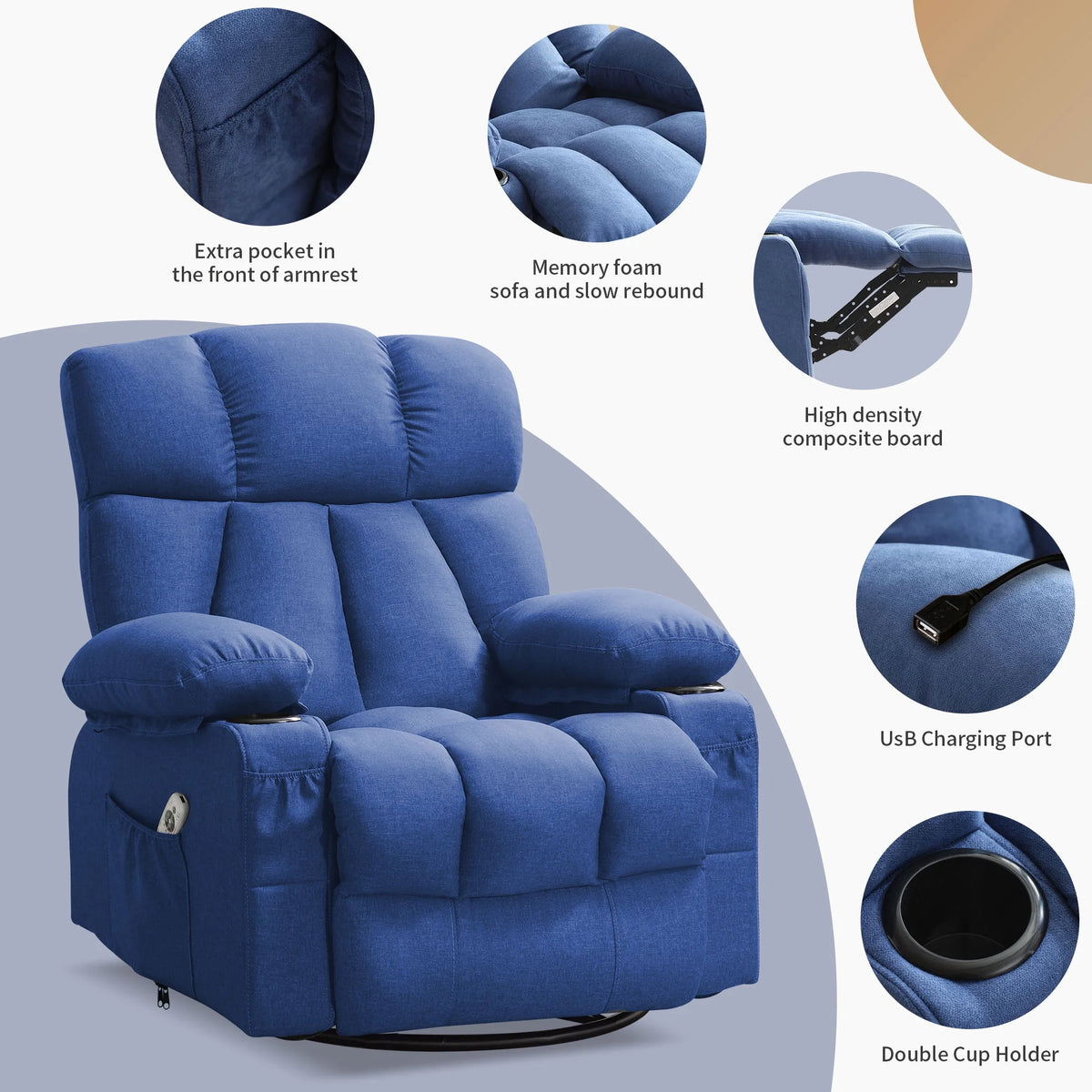 JONPONY Manual Recliner Chair with Heat Therapy and Massage Function, Heavy Duty Reclining Mechanism Massage Chair, Elderly Single Rocker Sofa with Cup Holders for Bedroom Home Theater,Grey