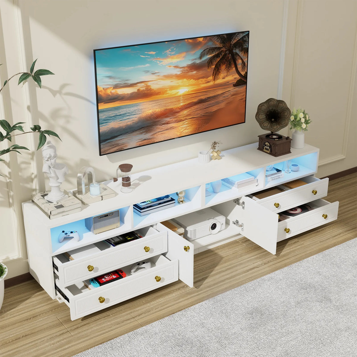 Planntonneo Mid-Century Modern Fluted TV Stand Wooden Media Console Entertainment Center for Living Room, Walnut Color