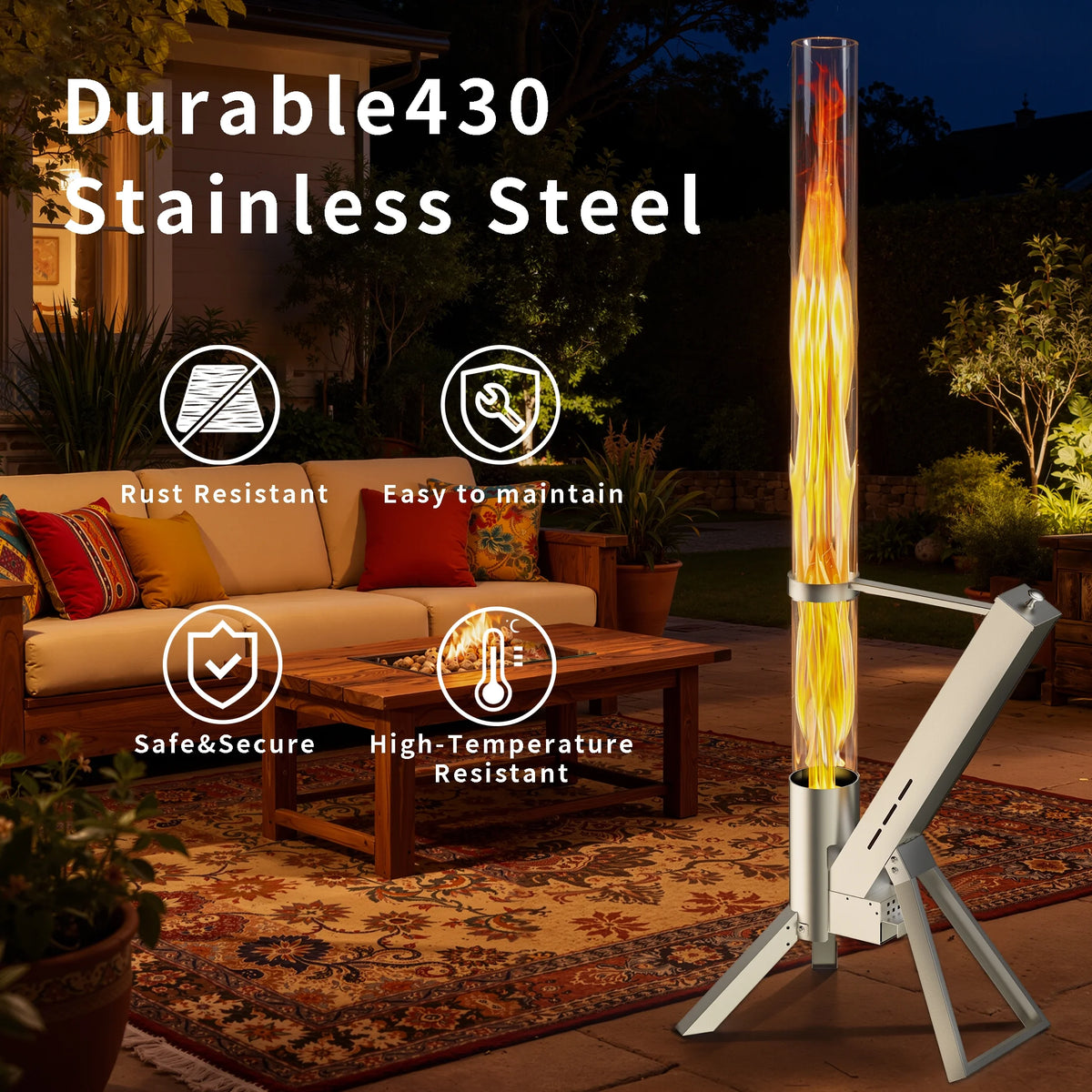 Enyopro 2 Piece Outdoor Smokeless Pellet Heater, Portable 430 Stainless Steel Glass Tube, Patio Pellet Torch with Tripod, Upgraded Ashtray, Eco-Friendly Wood Heater for Backyard, Patio, Camping