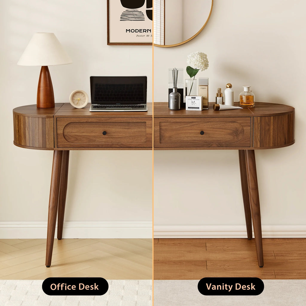 YOCWO Modern Home Office Desk with  2 Drawers and 2 Fflip-top Storage, Oval Computer PC Desk Table, Vanity Desk with Fluted Curved Table Edge, Walnut