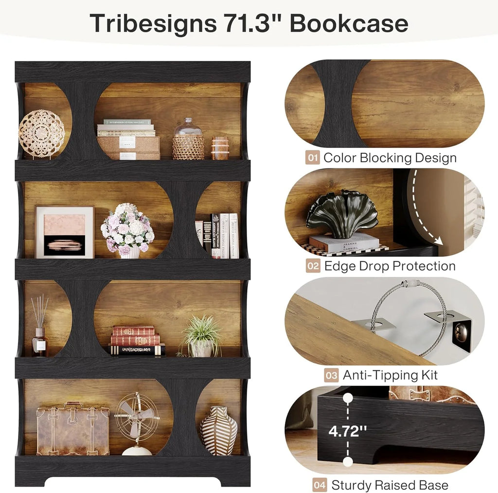 Tribesigns 71" Tall Bookcase, 4-Tier S-Shaped Bookshelf, Wood Decorative Storage Shelving, Modern Freestanding Display Shelves