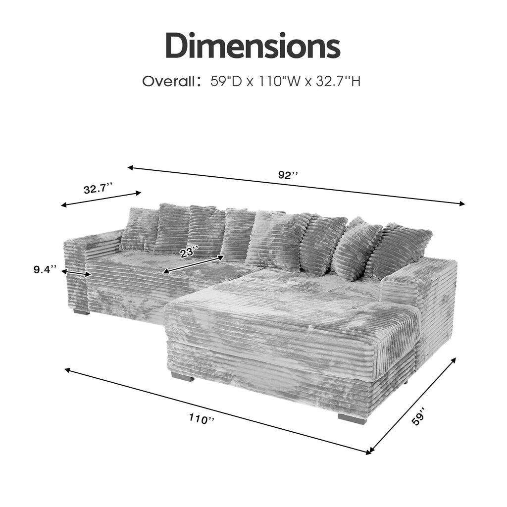 Advwin 110" Oversized L Shaped Sofa with Chaise, Comfy Plush 2-Piece L-Shaped Sectional Couches with 8 Pillows, Soft Fluffy Upholstered Sofa Bed for Living Room Apartment Bedroom, Light Gray