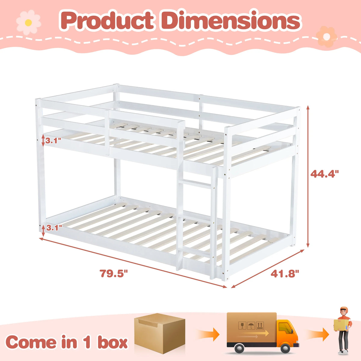SESSLIFE Bunk Bed Twin Over Twin, Low Floor Bunk Bed with Guard Rails for Dorm, Small Space, No Box Spring Needed(White)