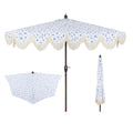 JONATHAN Y Beverly 9 ft. Half Market Patio Umbrella, Designer Classic Scalloped Fringe with Crank, Tilt Button and UV Protection, Blue/White/Cream, Dark Brown Pole