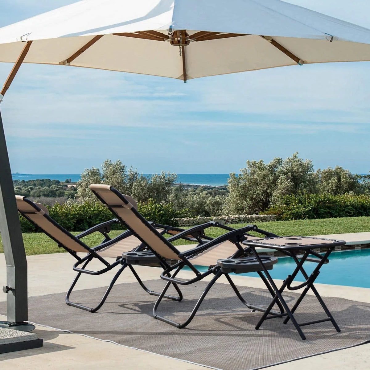Vineego 3 Pieces Zero Gravity Chair Patio Foldable Chaise Lounge Chairs 2 Beach Chairs and Table with Cup Holders,Beige