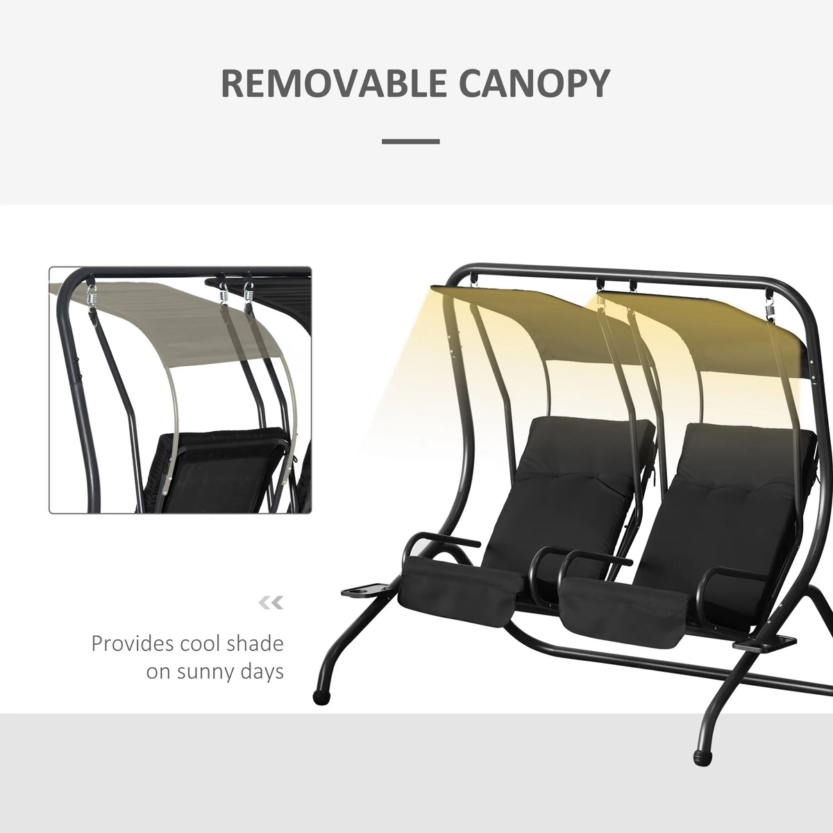Outsunny 2-Seat Modern Steel Canopy Porch Swing with Cup Holder and Cushions, Beige/Black