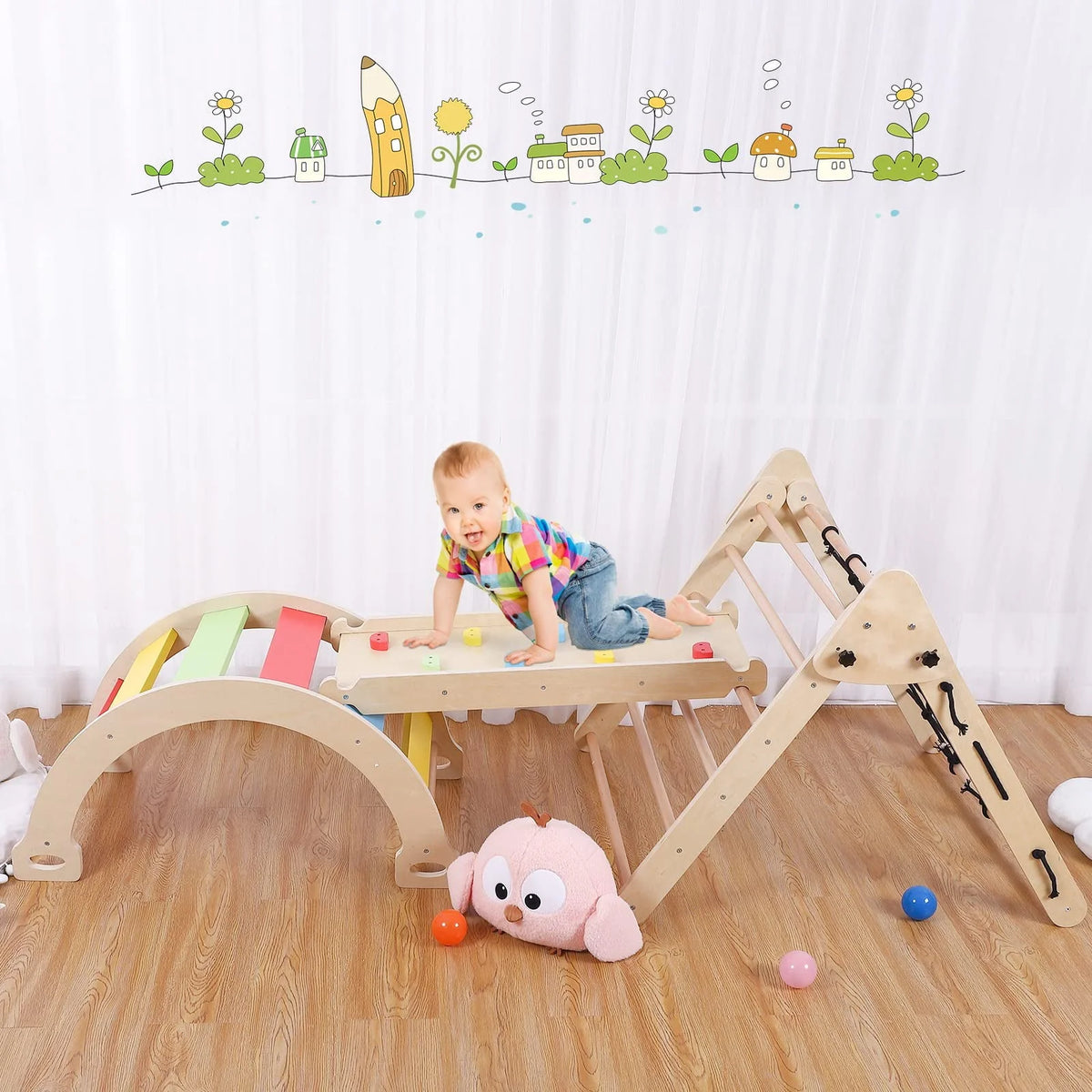 GymChoice Toddler Indoor Gym Playset,4 In 1 Pikler Triangle Gym,Foldable Climber with Ramp, Indoor Climbing Toys for Kids, Climbing Triangle for Toddlers Arch Climber, Rocker, 18M+