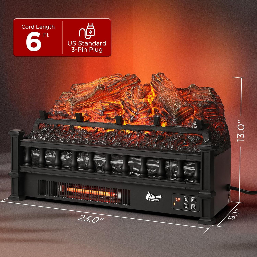 TURBRO Eternal Flame Infrared Electric Fireplace Logs, 23" Remote Control Fireplace Insert Log Heater, Realistic Lemonwood Ember Bed, Thermostat, Timer, 1500W Black