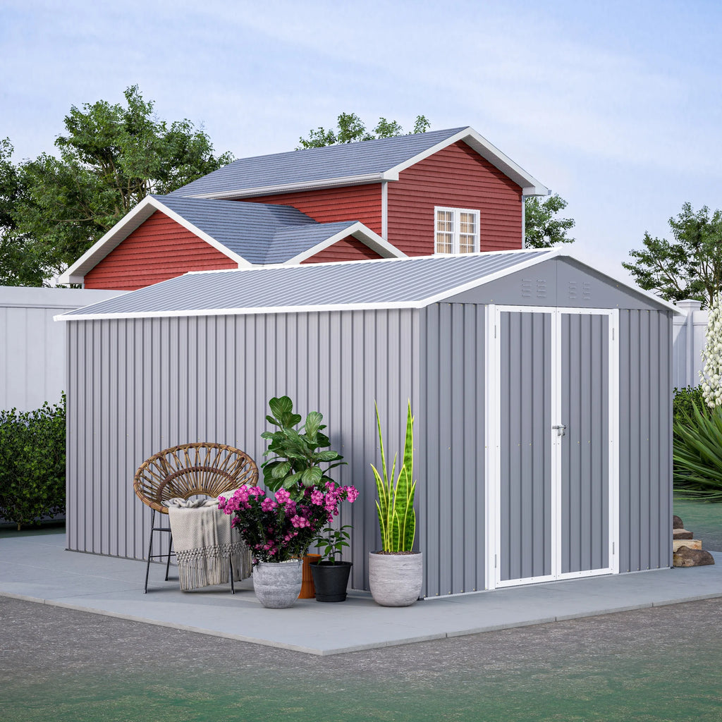 LZBEITEM 10 x 10 ft Outdoor Storage Shed with Floor Frame Kit, Galvanized Steel Garden Sheds, Garden Tool Shed with Double Lockable Doors for Backyard Patio Lawn, Grey
