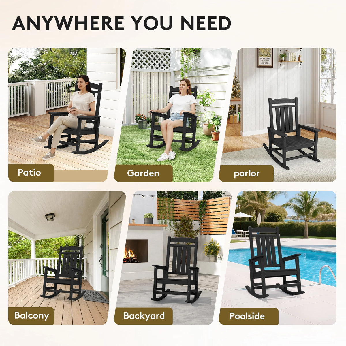 KINGYES Outdoor Rocking Chair Set of 2, HDPE Patio Rocking Chair, Heavy Duty Front Porch Rocker, Navy