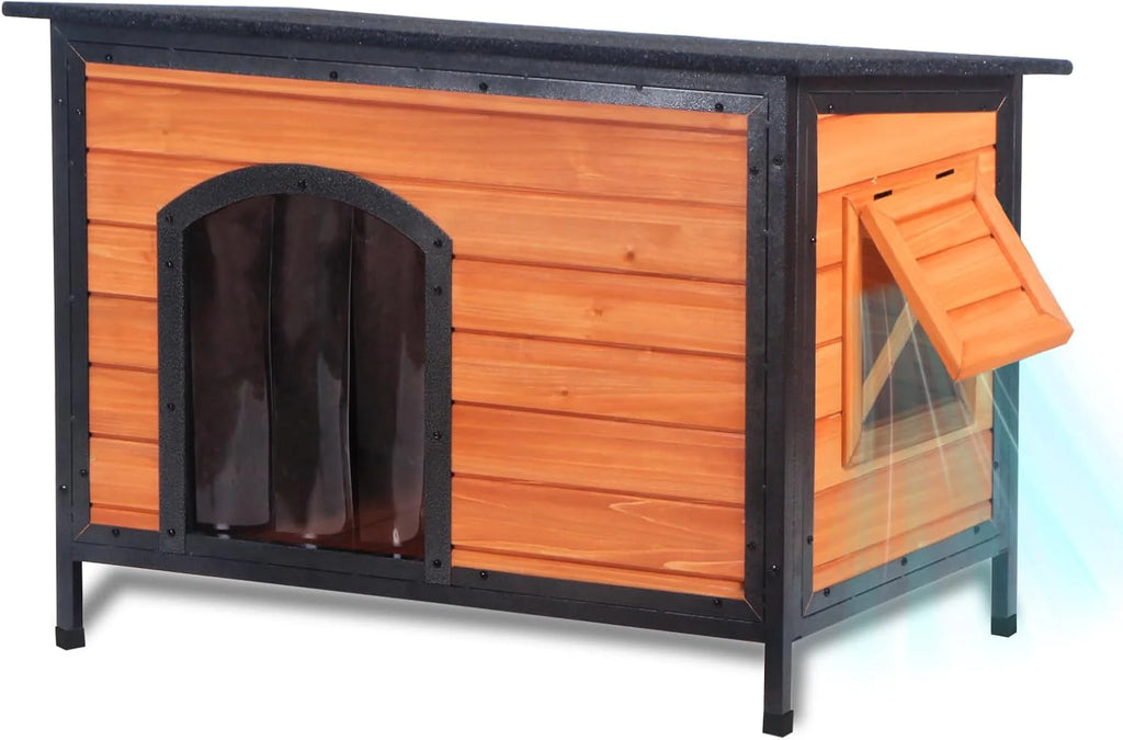 43.3-inch L-shaped outdoor dog house with insulation feature, a dog shelter made of fully sealed foam material on all six sides, suitable for small, medium-sized and large dogs, equipped with a sturdy metal anti-bite frame, and featuring winter insul