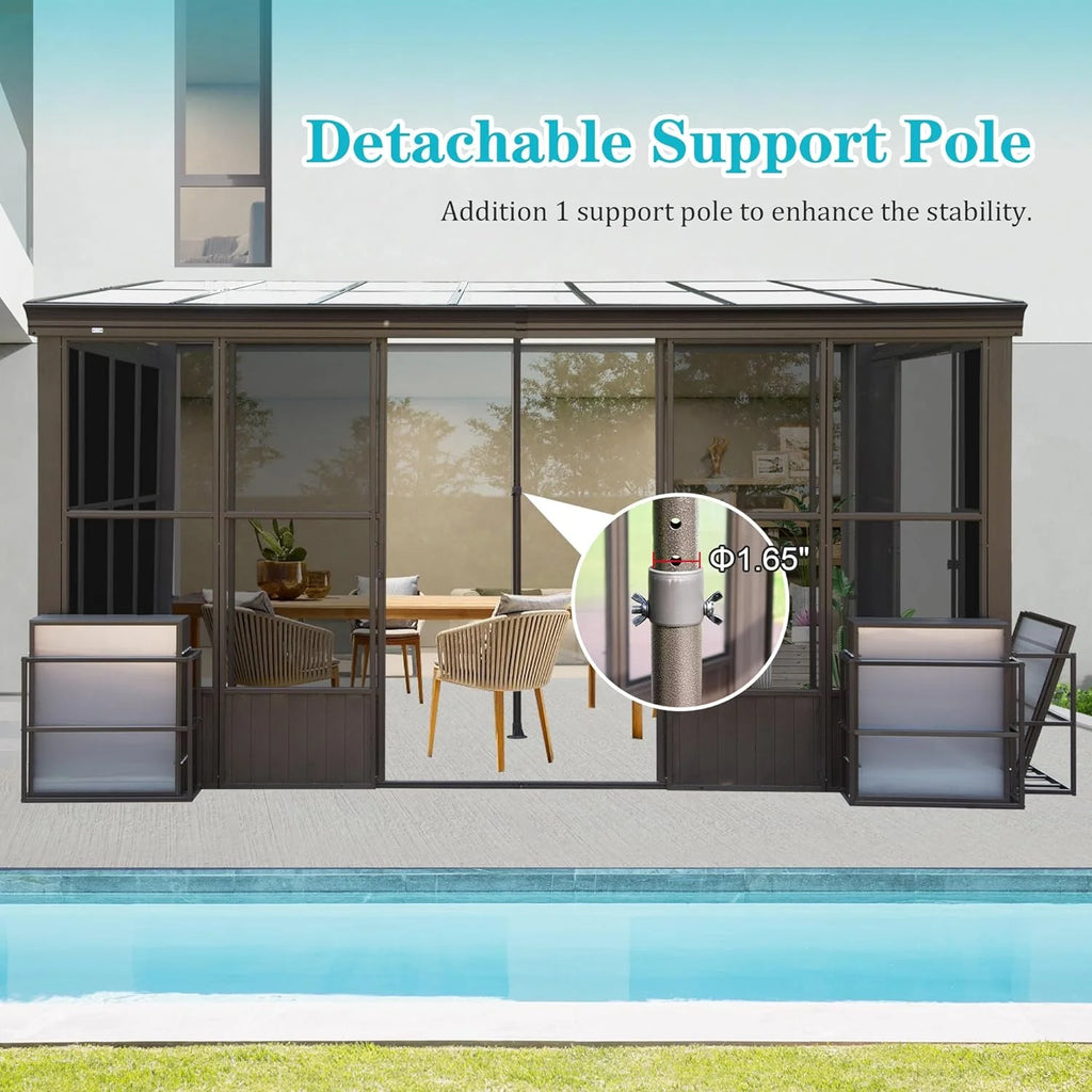 Domi Outdoor Living 10' x 12' Hardtop Lean-to Gazebo, Wall-Mounted with Galvanized Steel Roof Wall Pergola with Aluminum Frame, Curtains and Netting, for Patio, Deck, Garden, Backyard