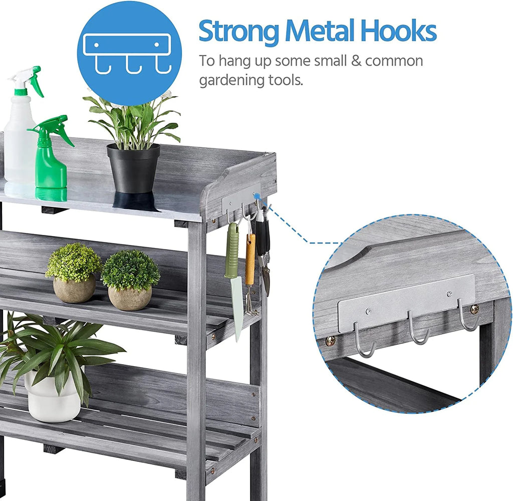 Garden Potting Table Horticulture Potting Bench w/Storage Shelf W/Metal Tabletop w/Hook 3 Shelves Workstation Work Benches Station, Gray