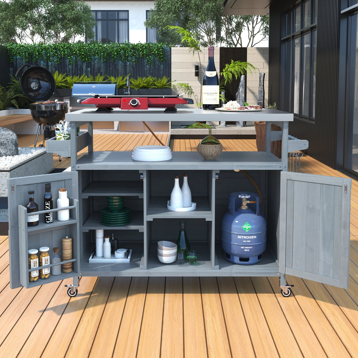 Outdoor Kitchen Island, Rolling Bar Cart & Storage Cabinet, Farmhouse Solid Wood Outdoor Grill Table with Stainless Steel Top, Spice Rack , Towel Rack for Kitchen & BBQ , Natural