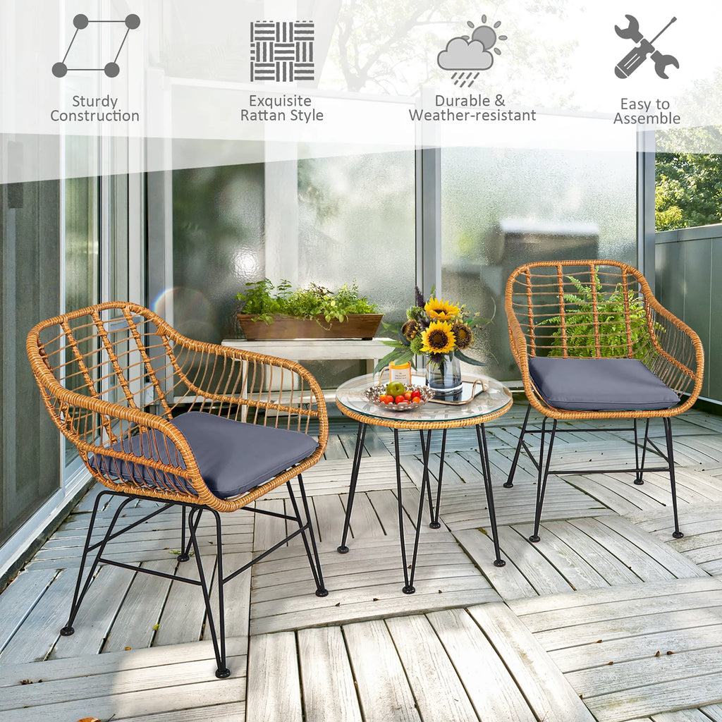Costway 3PCS Patio Rattan Bistro Furniture Set Cushioned Chair Table Navy
