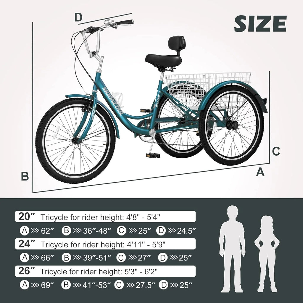 FICISOG 7 Speed Adult Tricycle for Women, 20/24/26 Inch Adult Trike with Basket, 3 Wheel Bikes for Adults Seniors, Cruise Trike for Shopping Picnic