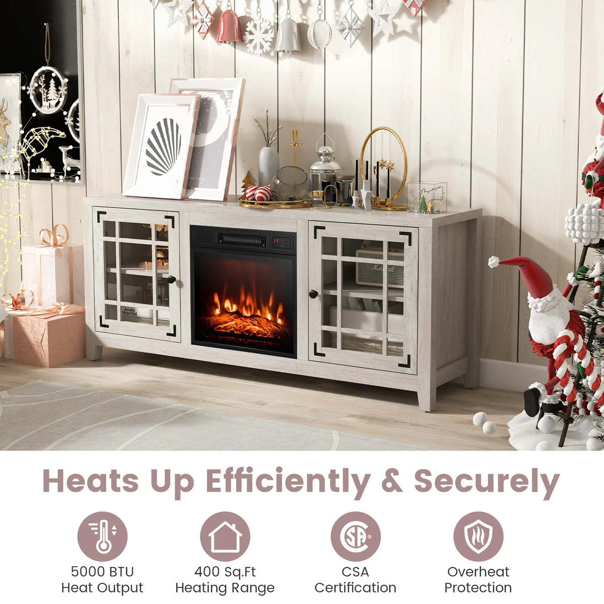 Costway 58 Inches Fireplace TV Stand for TVs up to 65 Inches with 1400W Electric Fireplace Natural