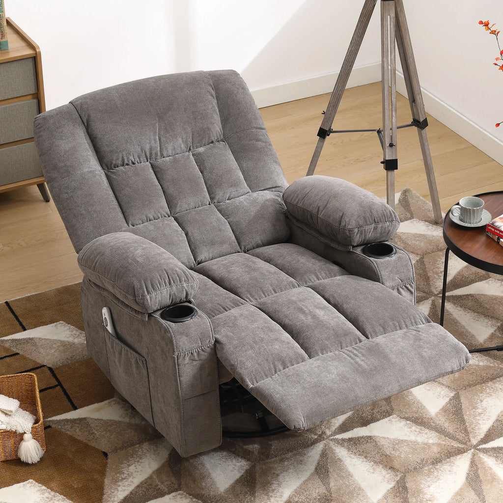 JONPONY Massage Swivel Rocker Recliner Chair with Vibration Massage and Heat Ergonomic Lounge Chair for Living Room with Rocking Function and Side Pocket, 2 Cup Holders, USB Charge Port,Grey
