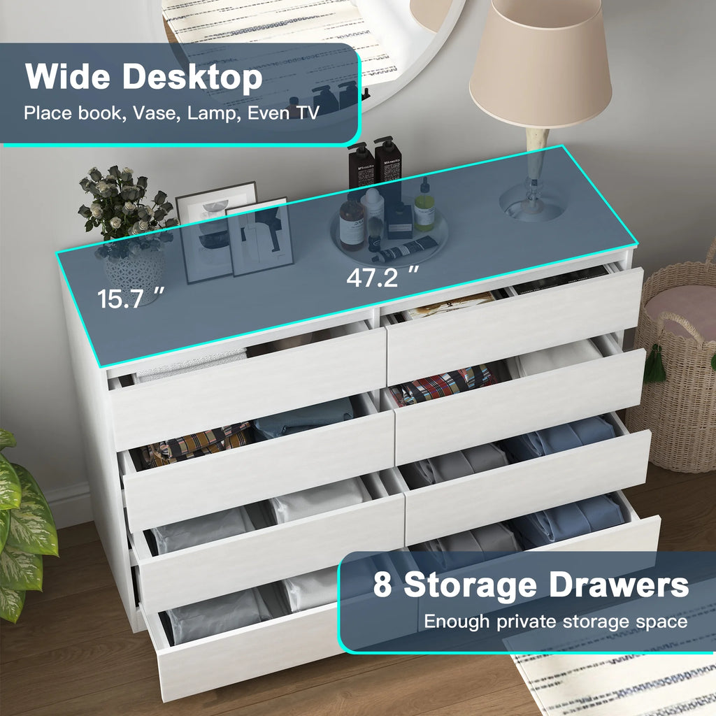 Resenkos Mid Century Modern 8 Drawer Dresser for Bedroom with Hidden Handle White