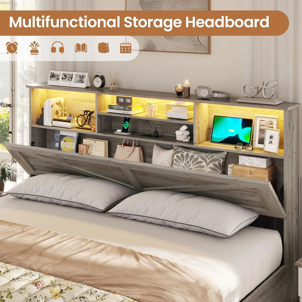 Twin Bed Frame with 4 Storage Drawers and Charging Station, Farmhouse Wooden Led Twin Bed with Storage Hidden Space Headboard and Metal Slats, Gray