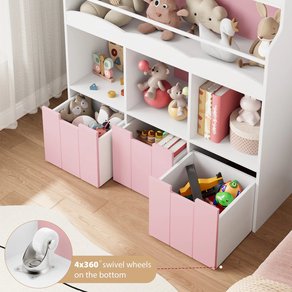 Homfa 55.5 H Kids Bookshelf with 2-Tier Book Shelves, Children Toy Organizer with 3 Cubes and Removable Drawers, White