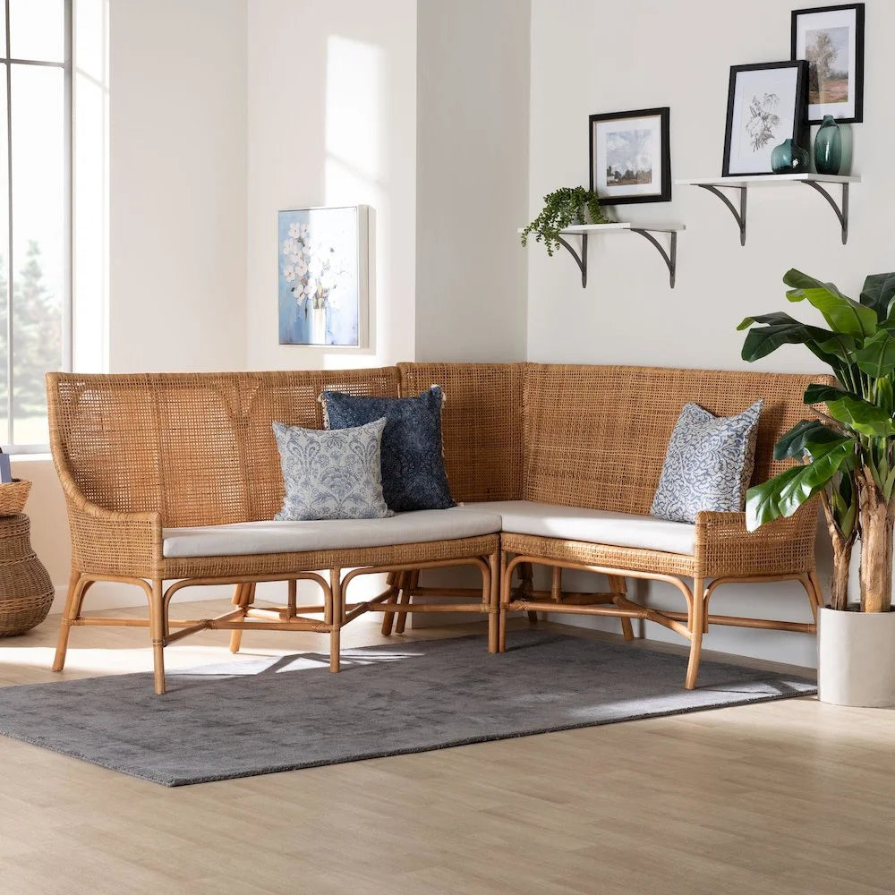 bali & pari Baako Bohemian Light Honey Rattan 2-Piece Dining Nook Bench Set