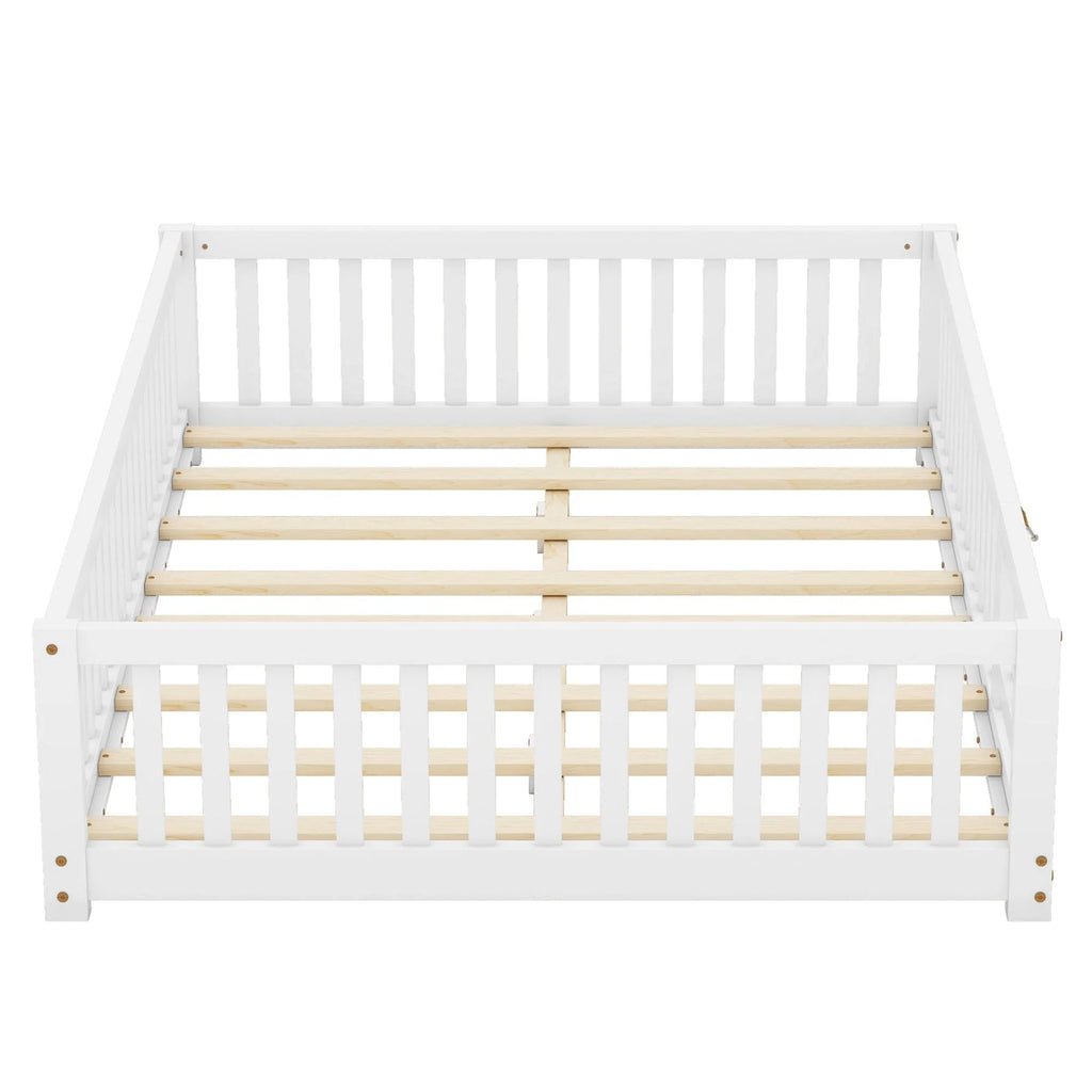 Bellemave Full Size Floor Bed with Door and Fence Floor Bed with Bed Slats Sturdy Wood Floor Bed Montessori Bed Frame (Full, Pink)