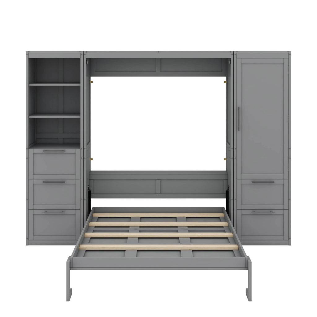 YunNianYang Queen Size Gray Murphy Bed Wall Bed with Closet ,Drawers and Shelves